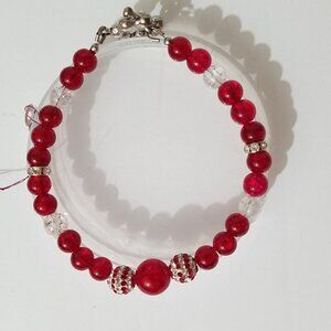 Hand Crafted Bracelet Crackle Beads Crystals Red Clear with Crystal Toggle Clasp